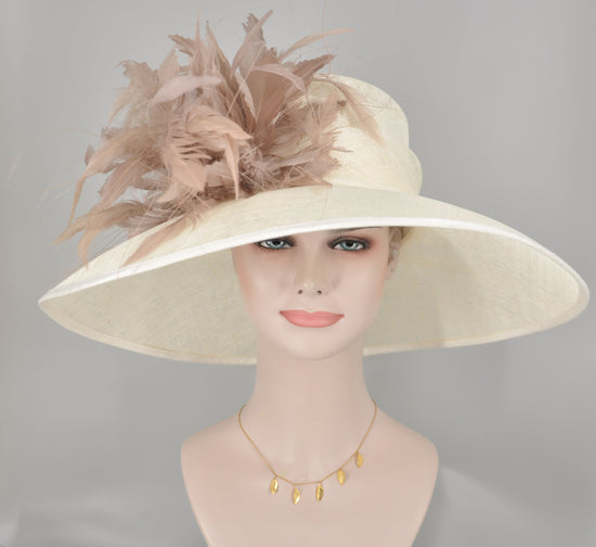 Wide Brim Kentucky Derby Hat, Ascot Hat for Wedding & Tea Party, Garden Party Hat, Mother of the Bride, Church Ivory Off White Taupe