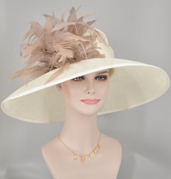 Sinamay Kentucky Derby Hat: Ivory Wide Brim Feather Flower