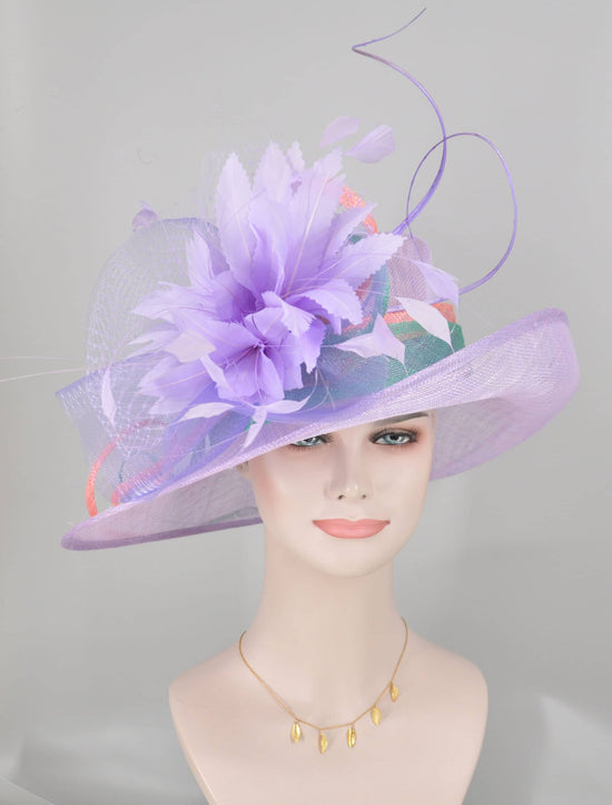 Wide Brim Kentucky Derby Hat, Ascot Hat for Wedding & Tea Party, Garden Party Hat, Mother of the Bride, Church Lilac Turquoise