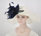 White Sinamay Kentucky Derby Hat: Navy Blue Feather Church Hat