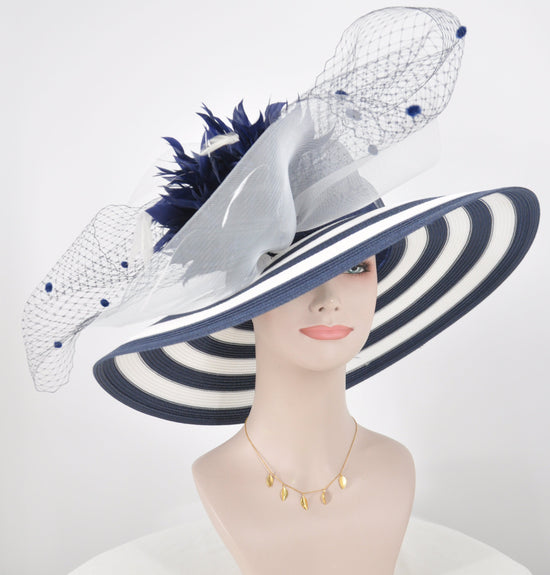 Navy Blue Kentucky Derby Hat: Feather Flower Wide Brim Sinamay Straw