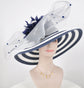 Navy Blue Kentucky Derby Hat: Feather Flower Wide Brim Sinamay Straw