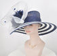 Navy Blue Kentucky Derby Hat: Feather Flower Wide Brim Sinamay Straw