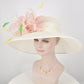 Church Kentucky Derby HatCarriage Tea Party Wedding Wide Brim  Royal  Hat  Sinamay Hat Off White /Ivory w Dusty Pink Feather  Flower