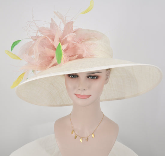 Wide Brim Sinamay Derby Hat: Ivory, Pink Feather Flower