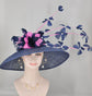 Navy Blue Sinamay Kentucky Derby Hat: Hot Pink Feather Flowers
