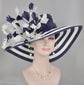 Navy Blue w White Feather Flowers Kentucky Derby Hat, Tea Party Hat Wide Brim  Sinamay W Straw Hat