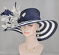Navy Blue w White Feather Flowers Kentucky Derby Hat, Tea Party Hat Wide Brim  Sinamay W Straw Hat
