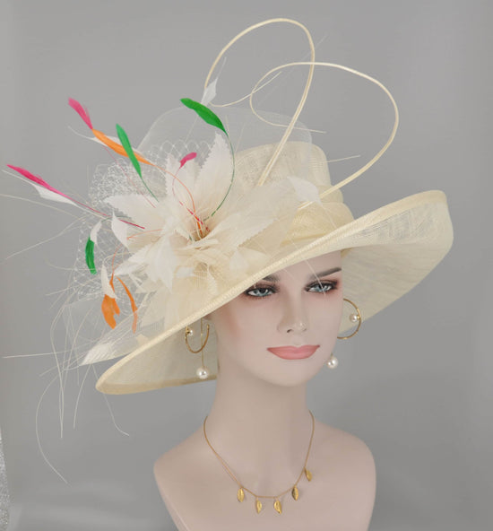 Ivory Derby Hat: Feather Flower Ostrich Quill Tea Party Hat