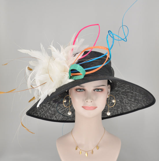 Wide Brim Kentucky Derby Hat, Ascot Hat for Wedding & Tea Party,Garden Party Hat, Mother of the Bride, Church Black White Teal Blue Hot Pink
