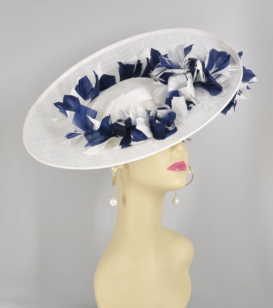 White w Navy Blue  Sinamay Disc Fascinator Hat with  Jumbo   Feather Flowers