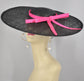 Black Sinamay Fascinator Hat: Large Brim with Hot Pink Ribbon (18.5 Diameter)