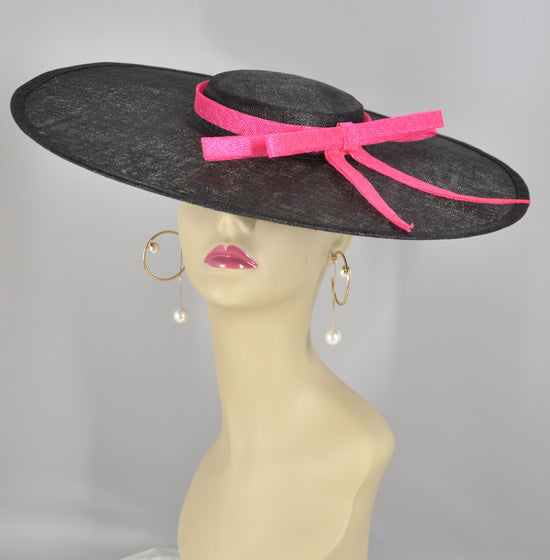 Black Sinamay Fascinator Hat: Large Brim with Hot Pink Ribbon (18.5 Diameter)