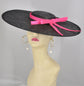 Black Sinamay Fascinator Hat: Large Brim with Hot Pink Ribbon (18.5 Diameter)