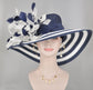 Navy Blue w White Feather Flowers Kentucky Derby Hat, Tea Party Hat Wide Brim  Sinamay W Straw Hat