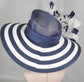 Navy Blue w White Feather Flowers Kentucky Derby Hat, Tea Party Hat Wide Brim  Sinamay W Straw Hat