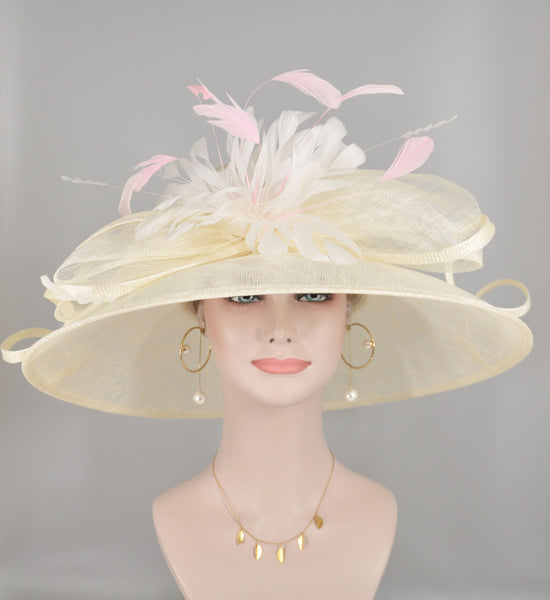 Derby Hat: Ivory Feather Flower Sinamay Wide Brim