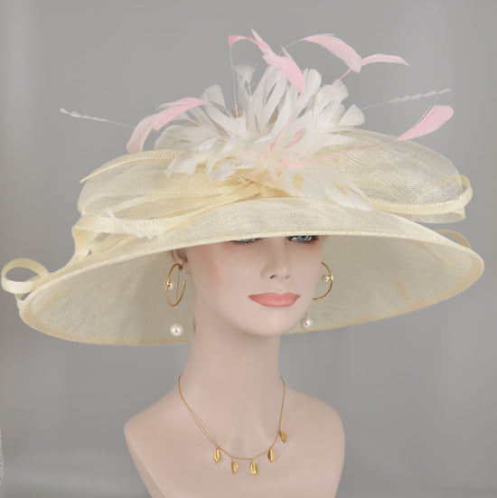 Kentucky Derby Hat: Ivory Feather Flower Sinamay Wide Brim