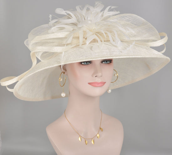White Sinamay Kentucky Derby Hat: Feather Flower Tea Party Wedding