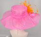 Hot Pink Sinamay Derby Hat: Orange Feather Flower, Wide Brim