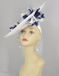 White w Navy Blue  Sinamay Disc Fascinator Hat with  Jumbo   Feather Flowers