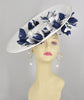 White w Navy Blue  Sinamay Disc Fascinator Hat with  Jumbo   Feather Flowers