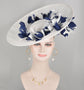 White w Navy Blue  Sinamay Disc Fascinator Hat with  Jumbo   Feather Flowers