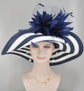 Navy Blue Feather Flower Derby Hat: Wide Brim Sinamay Straw