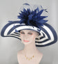 Navy Blue Feather Flower Derby Hat: Wide Brim Sinamay Straw