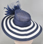 Navy Blue Feather Flower Derby Hat: Wide Brim Sinamay Straw