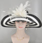 Black & White Feather Flower Derby Hat: Wide Brim Sinamay Straw Tea Party Hat