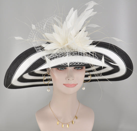 Black & White Feather Flower Derby Hat: Wide Brim Sinamay Straw Tea Party Hat