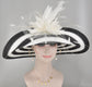 Black & White Feather Flower Derby Hat: Wide Brim Sinamay Straw Tea Party Hat