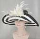 Black & White Feather Flower Derby Hat: Wide Brim Sinamay Straw Tea Party Hat
