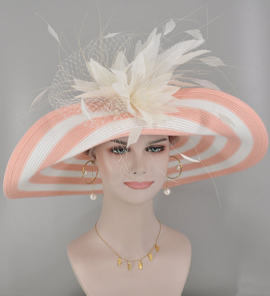 Blush Pink Sinamay Derby Hat: Feather Flower Tea Party Wide Brim