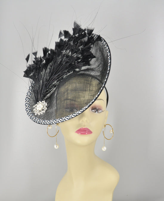 Black Sinamay Fascinator Hat: Feather Flower DerbyHeadband