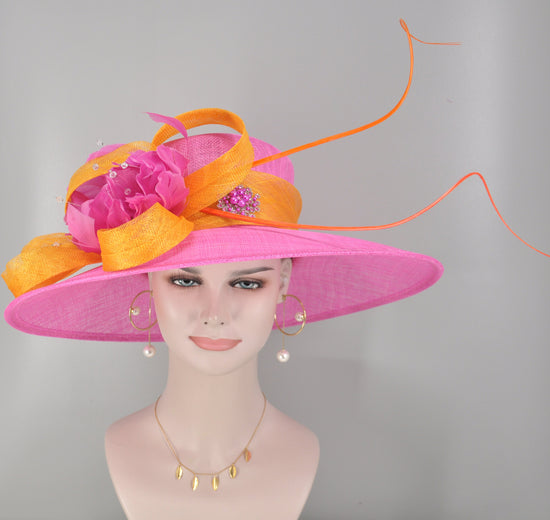 Wide Brim Sinamay Derby Hat: Hot Pink, Orange Rhinestone Wedding