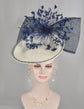 White W Navy Blue Sinamay Disc Fascinator Hat with  Jumbo  Feather Flower and Ribbon