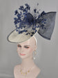 White W Navy Blue Sinamay Disc Fascinator Hat with  Jumbo  Feather Flower and Ribbon