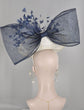 White W Navy Blue Sinamay Disc Fascinator Hat with  Jumbo  Feather Flower and Ribbon