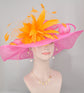 Hot Pink Sinamay Derby Hat: Orange Feather Flower, Wide Brim