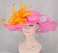 Hot Pink Sinamay Derby Hat: Orange Feather Flower, Wide Brim