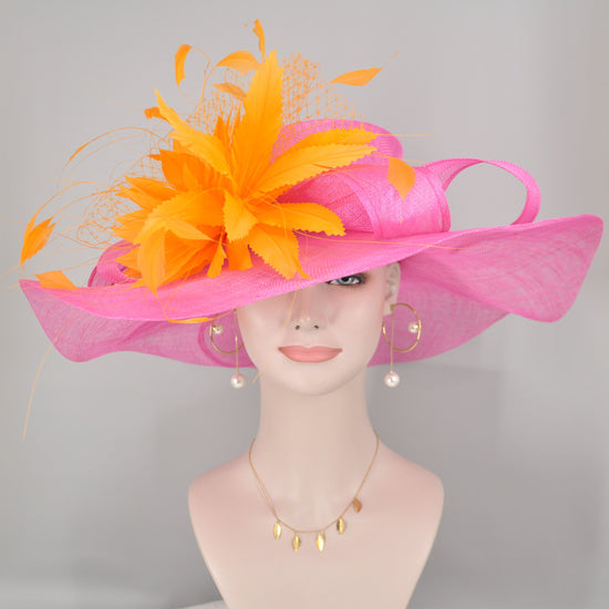 Hot Pink Sinamay Derby Hat: Orange Feather Flower, Wide Brim