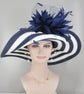Navy Blue Feather Flower Derby Hat: Wide Brim Sinamay Straw