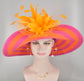 Wide Brim Sinamay Derby Hat: Hot Pink & Orange Feather Flowers