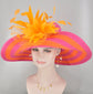 Wide Brim Sinamay Derby Hat: Hot Pink & Orange Feather Flowers