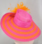 Wide Brim Sinamay Derby Hat: Hot Pink & Orange Feather Flowers