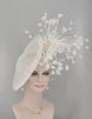 White Kentucky Derby Fascinator Hat, Sinamay Disc with Goose Feather Flowers