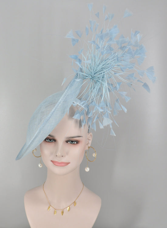 Powder Blue Derby Hat: Sinamay Fascinator with Goose Feather Flowers