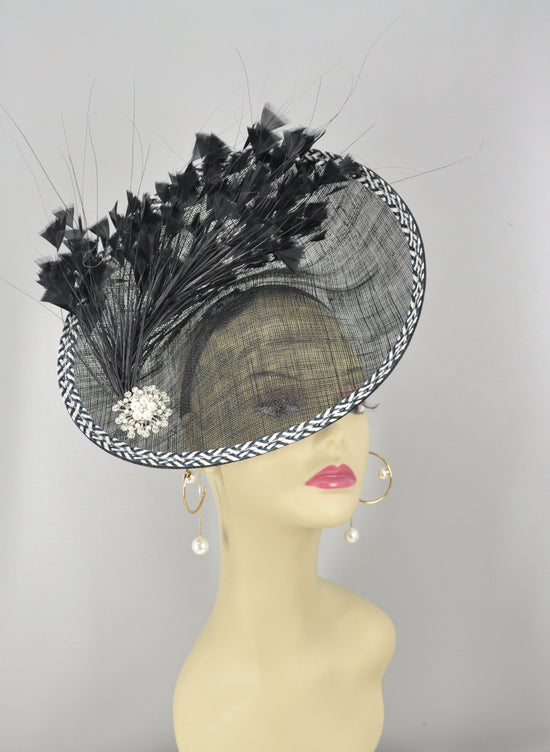 Black Sinamay Fascinator Hat: Feather Flower Kentucky Derby Headband